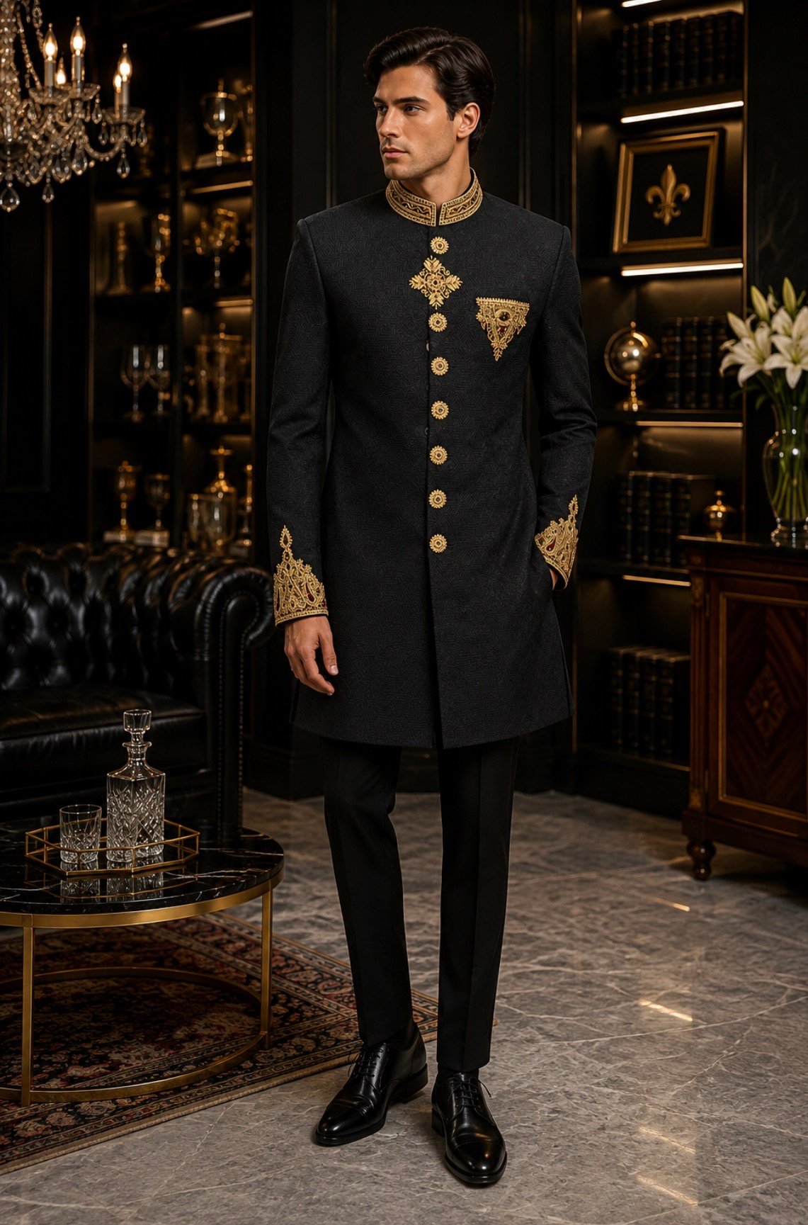 Royal Noir Embroidered Sherwani thumbnail 3