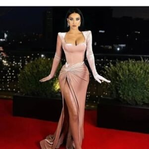 Elegant Blush Pink Velvet Evening Gown with Draped Side Twist
