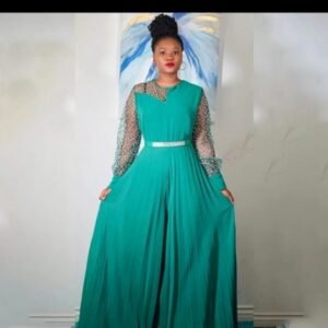 Emerald Pleated Maxi Dress with Beaded Mesh Sleeves
