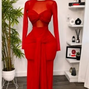 Red Long Sleeve Cutout Evening Dress with Draped Waist